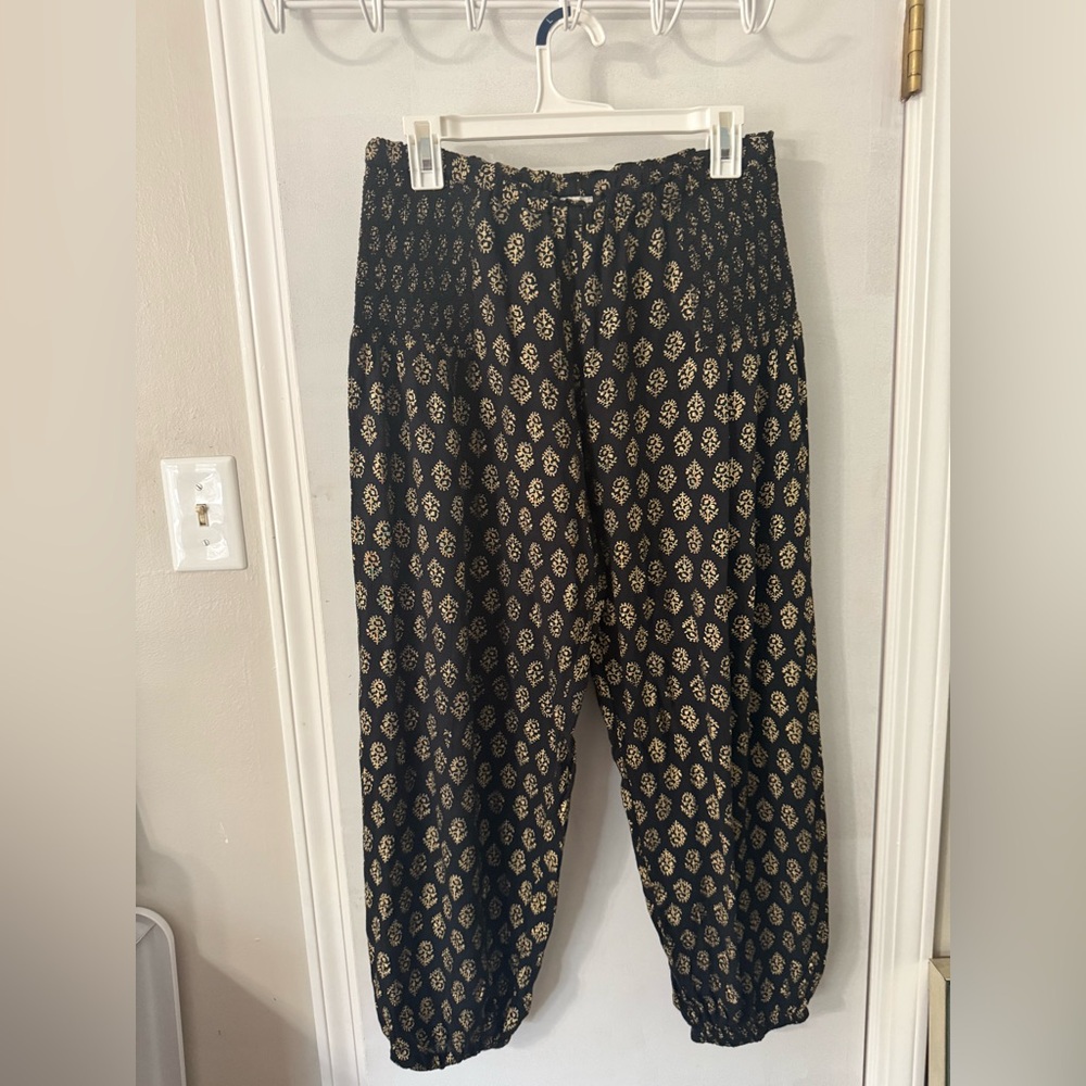 Free People Black and Gold Track Joggers with Metallic Sheen